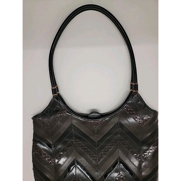 JUDITH LEIBER 80s Vtg ShoulderBag Leather Patchwork Brown Black Gold Accent RARE - Picture 9 of 16